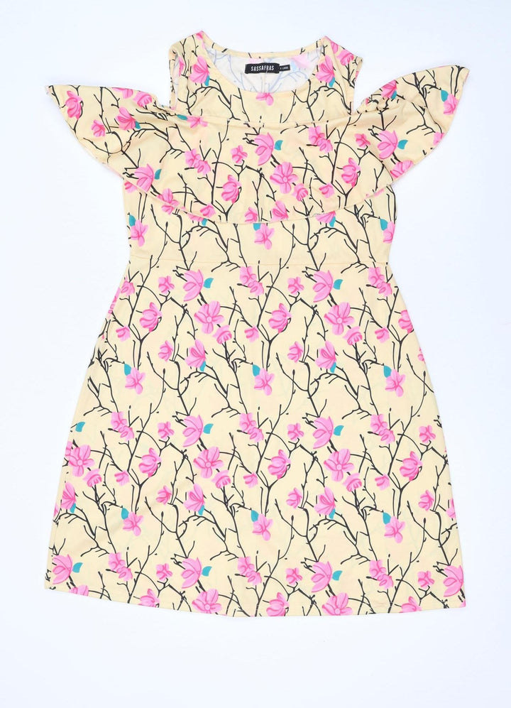 Sassafras Women’s Beige Floral Cold Shoulder Shift Dress L
