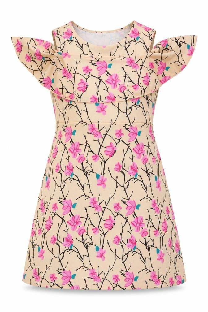 Sassafras Women’s Beige Floral Cold Shoulder Shift Dress L