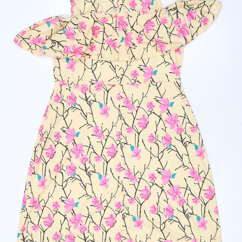 Sassafras Women’s Beige Floral Cold Shoulder Shift Dress L