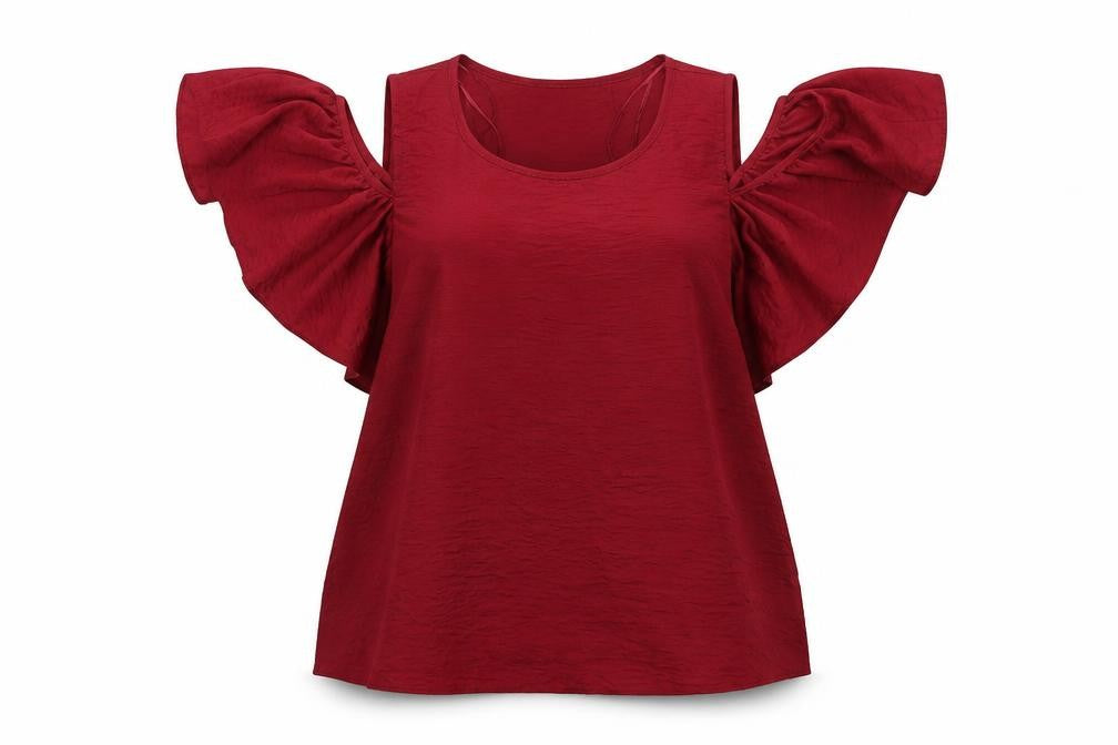 Front view of Papaya women’s red cold shoulder flutter sleeve blouse, size UK 14