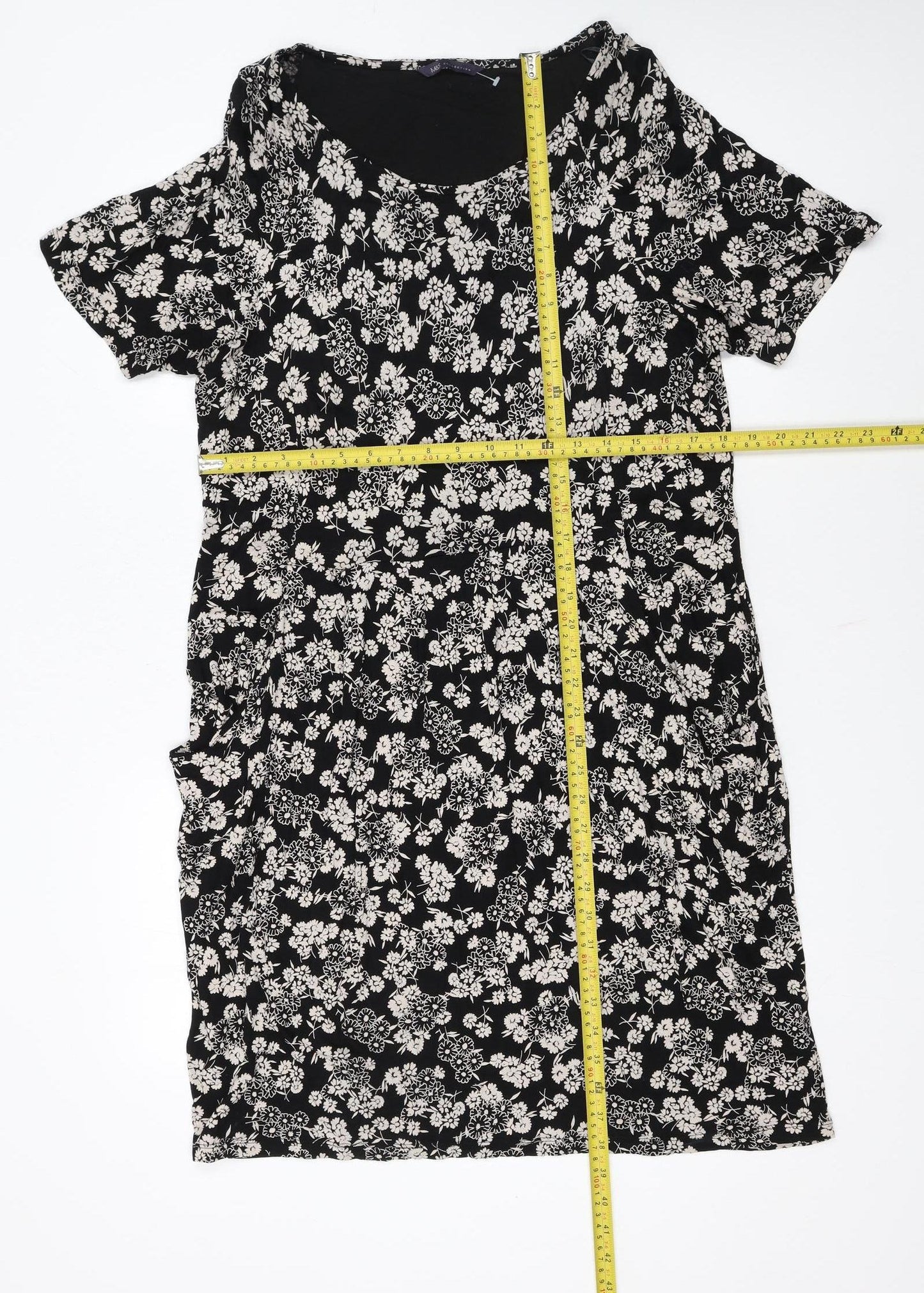 Marks and Spencer Women Black Floral Shift Knee Length Dress Size 18