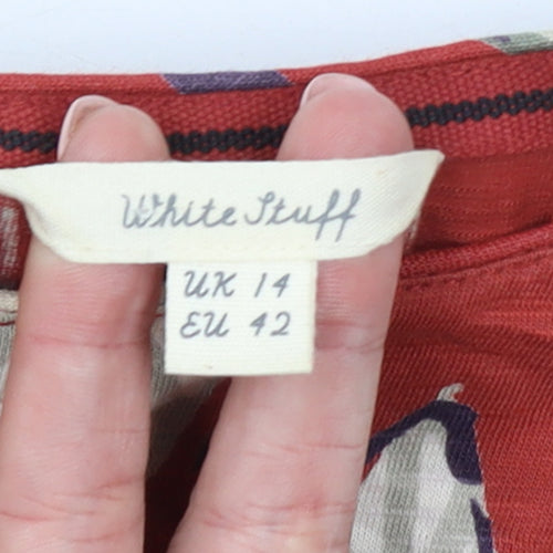 White Stuff Women’s Red Leaf Print Cotton T-Shirt UK 14
