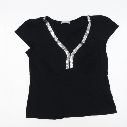 Marks and Spencer Women’s Black Sequin V-Neck Short Sleeve Cotton T-Shirt UK 14