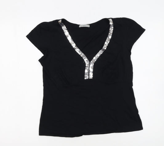 Marks and Spencer Women’s Black Sequin V-Neck Short Sleeve Cotton T-Shirt UK 14