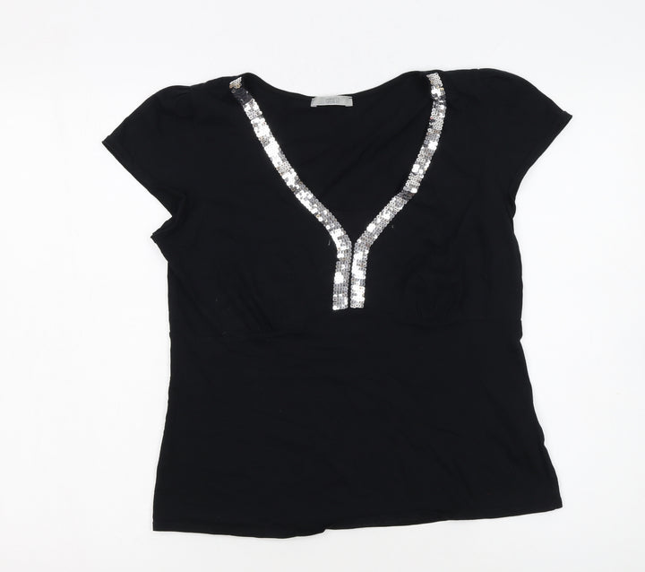 Marks and Spencer Women’s Black Sequin V-Neck Short Sleeve Cotton T-Shirt UK 14
