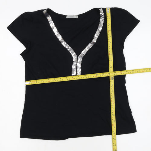 Marks and Spencer Women’s Black Sequin V-Neck Short Sleeve Cotton T-Shirt UK 14