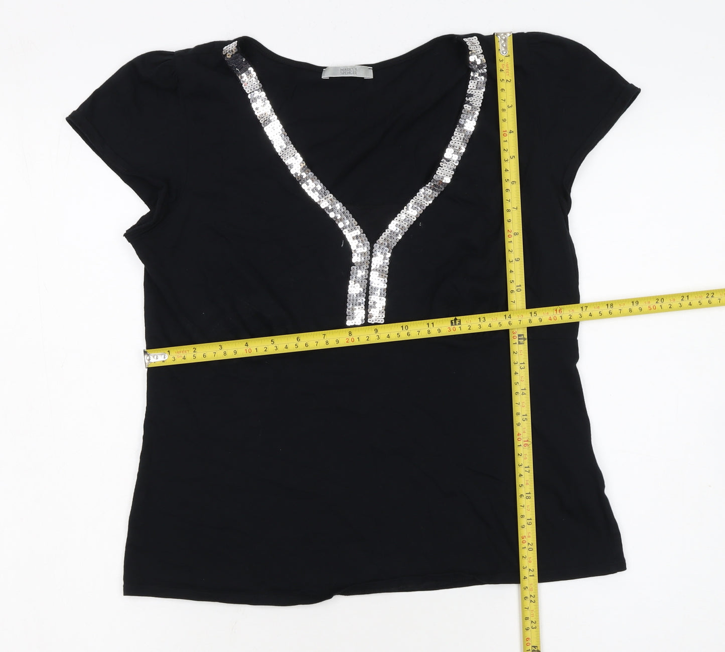 Marks and Spencer Women’s Black Sequin V-Neck Short Sleeve Cotton T-Shirt UK 14