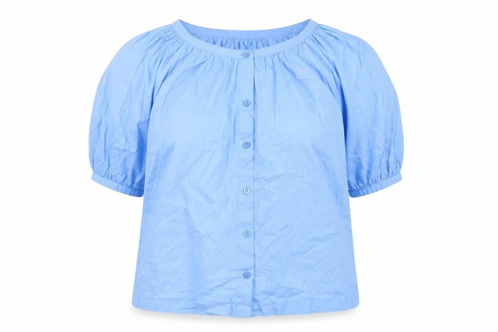 Front view of Next Women Blue Cotton Short Sleeve Button Blouse, size 6