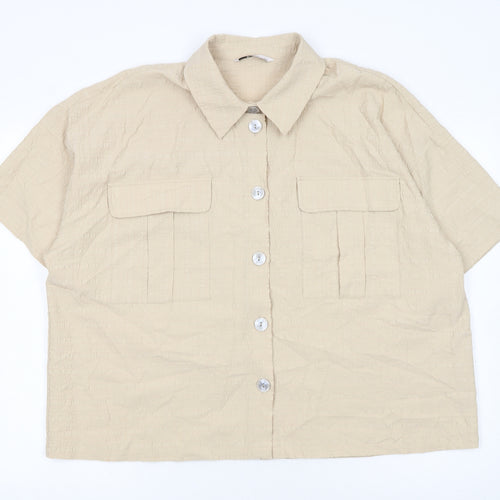 Tu Womens Beige Short Sleeve Collared Button-Up Linen Blend Shirt Size 22