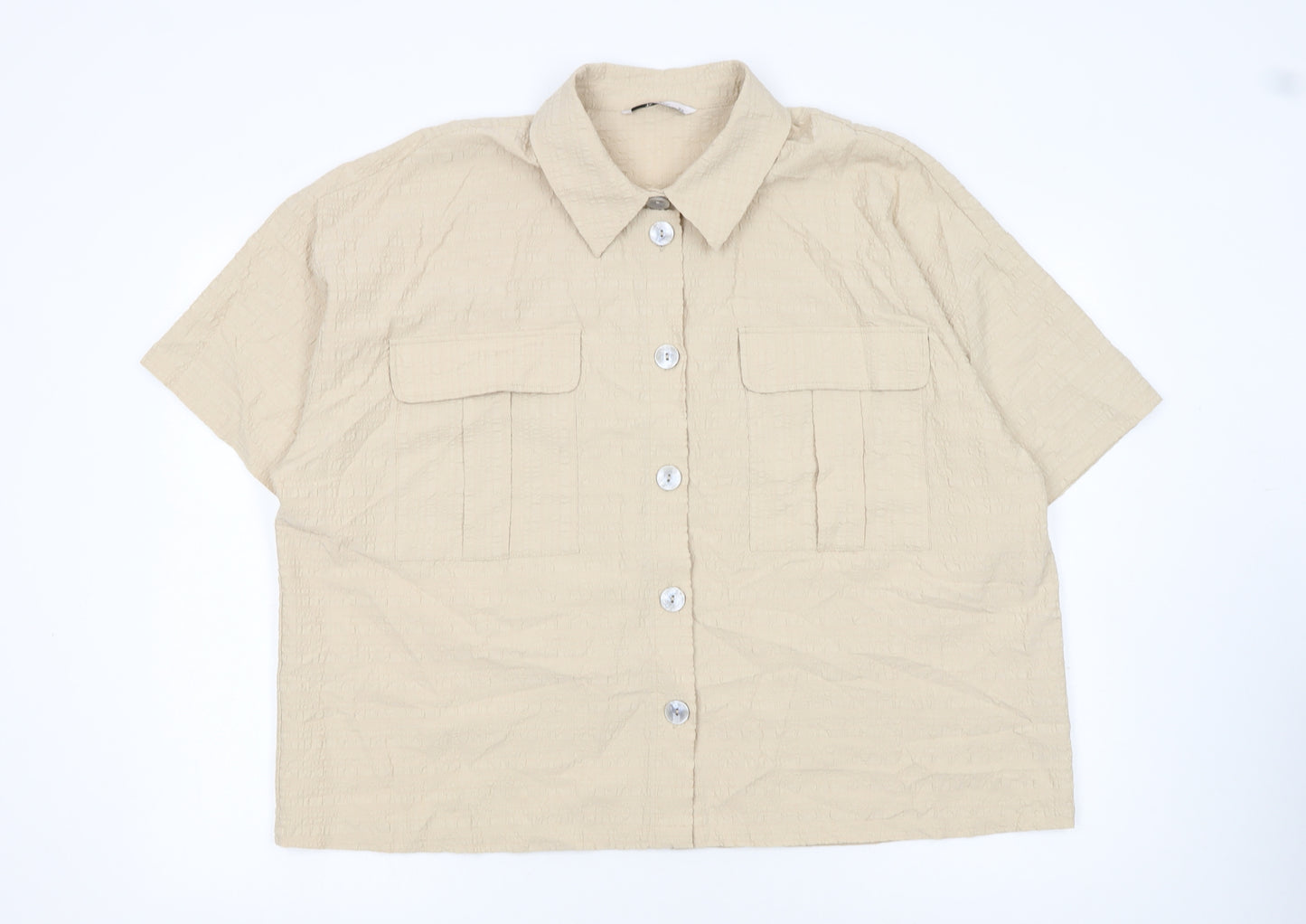 Tu Womens Beige Short Sleeve Collared Button-Up Linen Blend Shirt Size 22