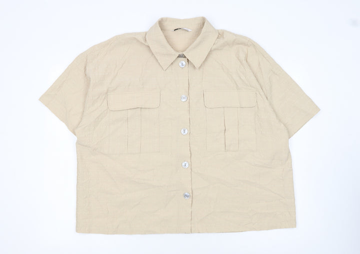 Tu Womens Beige Short Sleeve Collared Button-Up Linen Blend Shirt Size 22