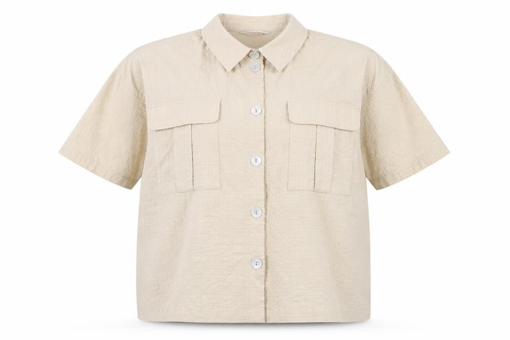 Front view of Tu women’s beige short sleeve collared button-up linen blend shirt, size UK 22