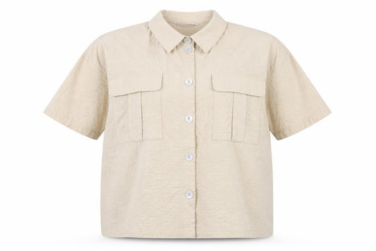 Front view of Tu women’s beige short sleeve collared button-up linen blend shirt, size UK 22