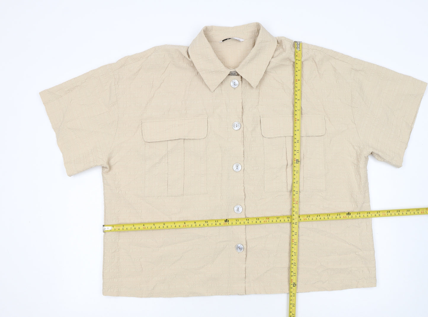 Tu Womens Beige Short Sleeve Collared Button-Up Linen Blend Shirt Size 22