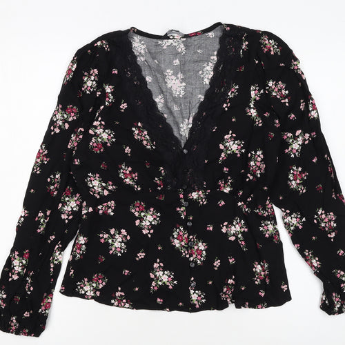 Dorothy Perkins Womens Black Floral Lace Trim V-Neck Blouse Size 12