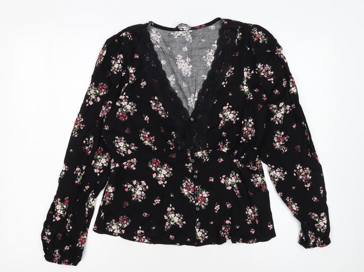 Dorothy Perkins Womens Black Floral Lace Trim V-Neck Blouse Size 12