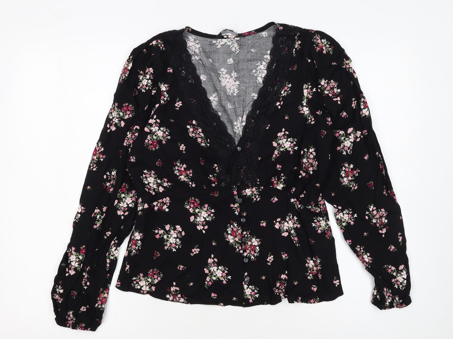 Dorothy Perkins Womens Black Floral Lace Trim V-Neck Blouse Size 12