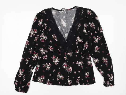 Dorothy Perkins Womens Black Floral Lace Trim V-Neck Blouse Size 12