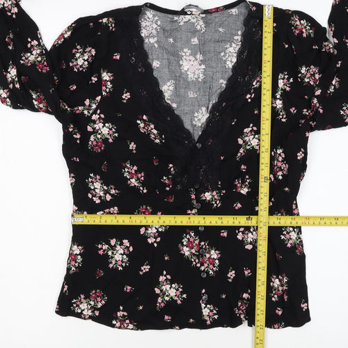 Dorothy Perkins Womens Black Floral Lace Trim V-Neck Blouse Size 12