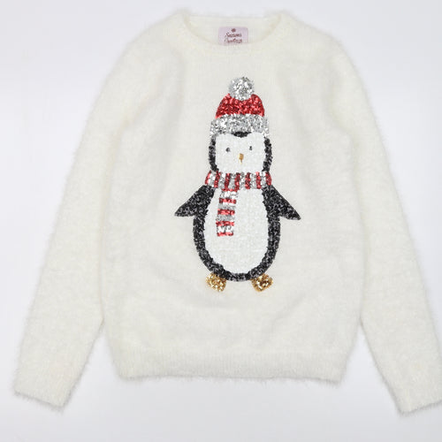 Seasons Greetings Women's Ivory Christmas Penguin Sequin Jumper Size 12