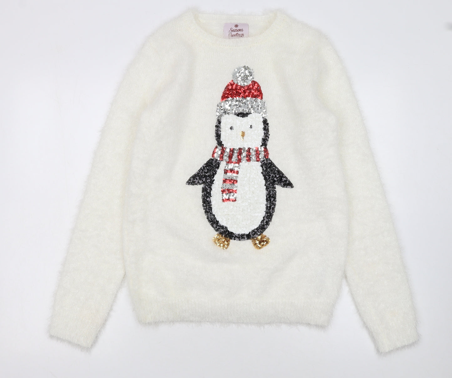 Seasons Greetings Women's Ivory Christmas Penguin Sequin Jumper Size 12