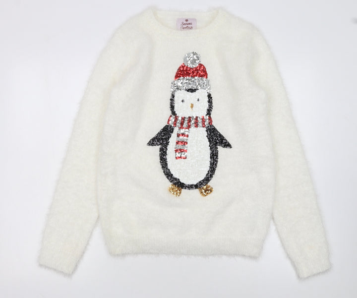 Seasons Greetings Women's Ivory Christmas Penguin Sequin Jumper Size 12