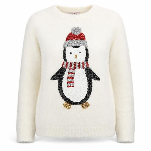 Seasons Greetings Women's Ivory Christmas Penguin Sequin Jumper Size 12