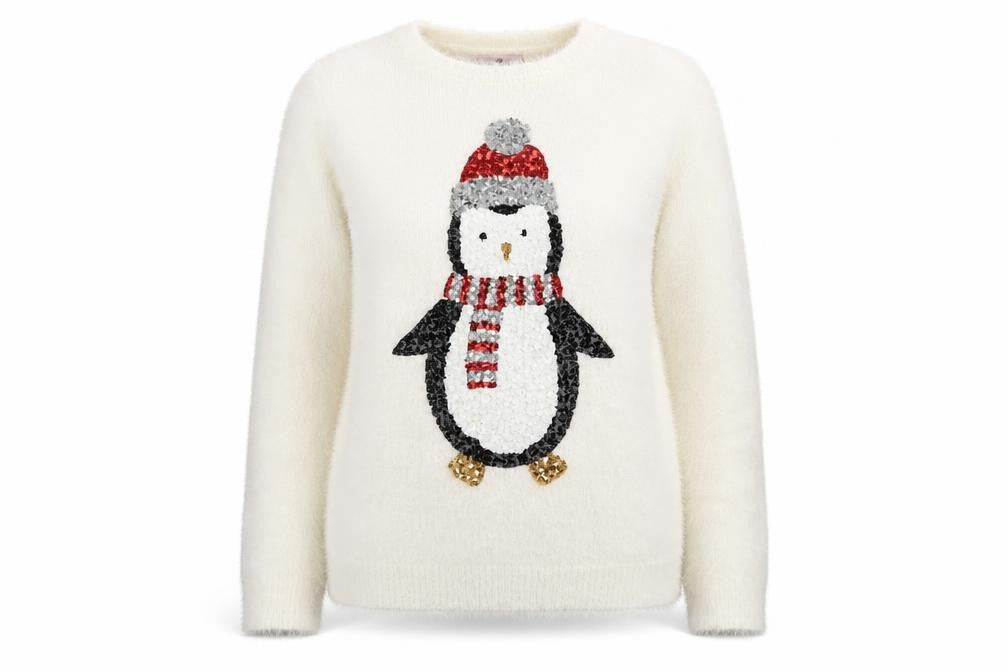 Seasons Greetings Women's Ivory Christmas Penguin Sequin Jumper Size 12