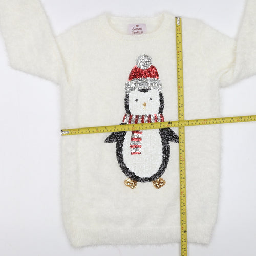 Seasons Greetings Women's Ivory Christmas Penguin Sequin Jumper Size 12