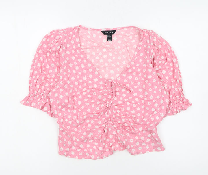 New Look Women's Pink Floral Viscose Cropped Blouse Size 12