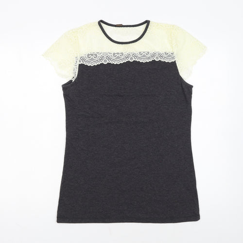 Poof Women's Grey Lace Short Sleeve T-Shirt Size L