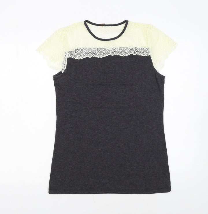 Poof Women's Grey Lace Short Sleeve T-Shirt Size L