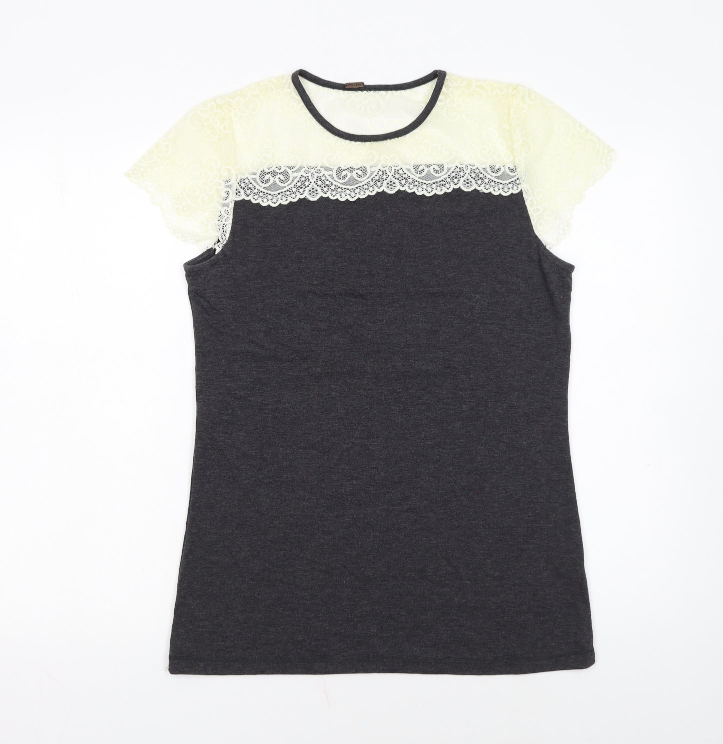 Poof Women's Grey Lace Short Sleeve T-Shirt Size L