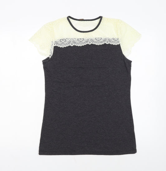 Poof Women's Grey Lace Short Sleeve T-Shirt Size L