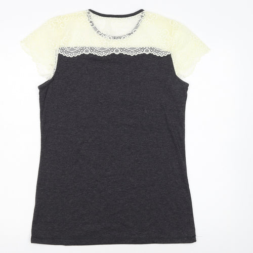 Poof Women's Grey Lace Short Sleeve T-Shirt Size L