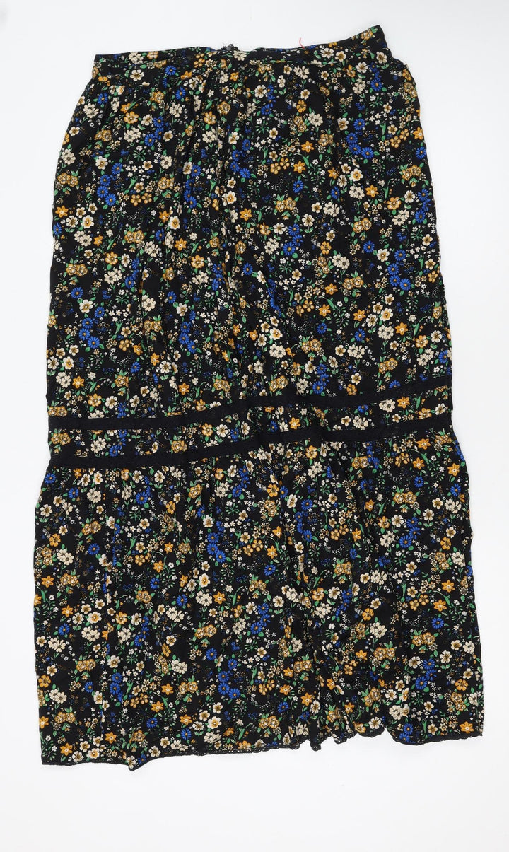 Superdry Womens Black Floral Midi Peasant Skirt Size 14 Viscose