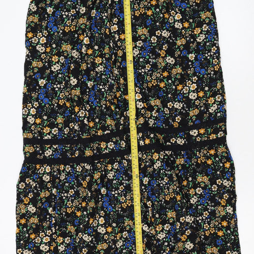 Superdry Womens Black Floral Midi Peasant Skirt Size 14 Viscose