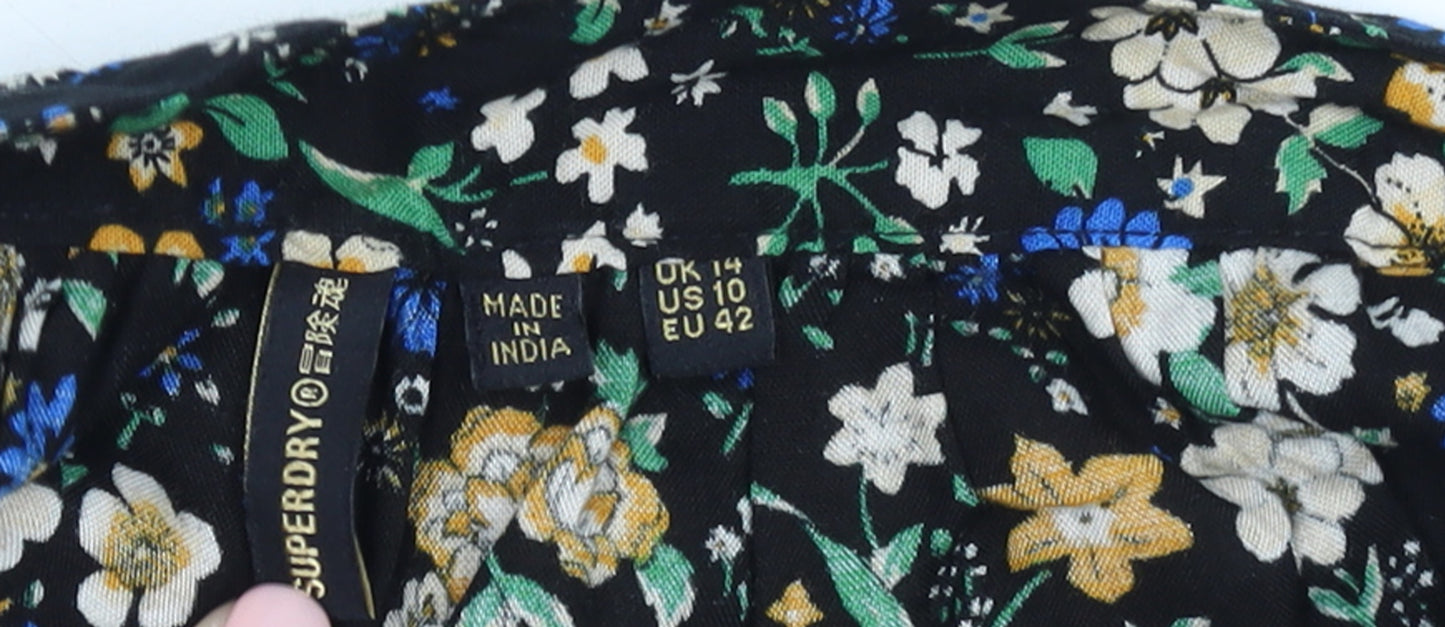 Superdry Womens Black Floral Midi Peasant Skirt Size 14 Viscose