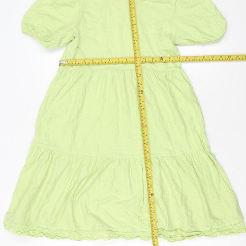 ZARA Girls Green Cotton A-Line Knee Length Puff Sleeve Dress 10 Years