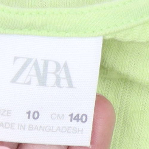 ZARA Girls Green Cotton A-Line Knee Length Puff Sleeve Dress 10 Years