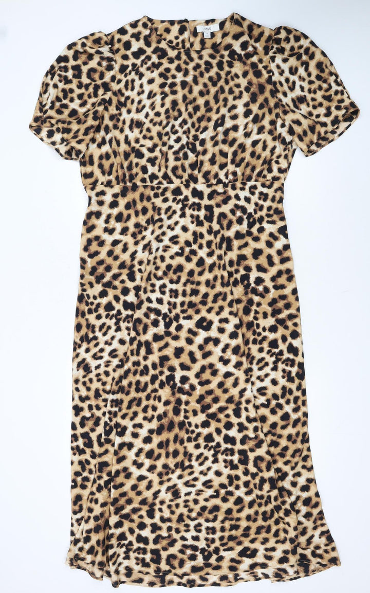 Marks and Spencer Womens Brown Leopard Print Midi A-Line Dress Size 18