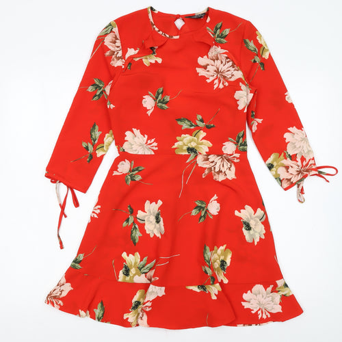 Topshop Women Red Floral Fit & Flare Petite Dress Size 6