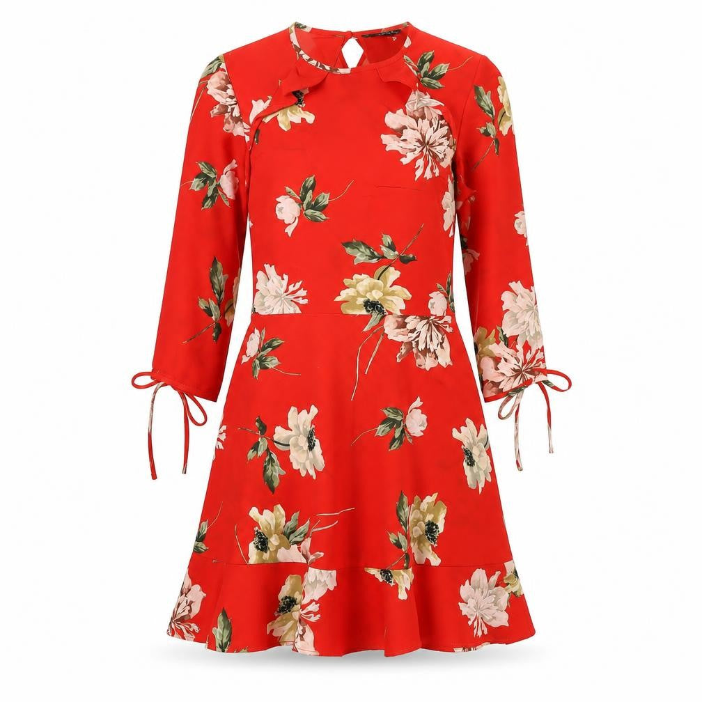 Topshop Women Red Floral Fit & Flare Petite Dress Size 6