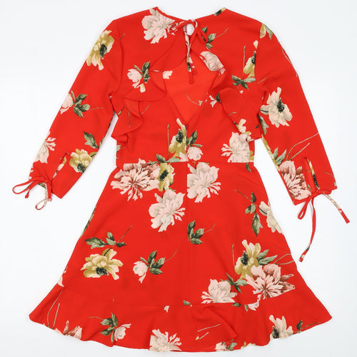 Topshop Women Red Floral Fit & Flare Petite Dress Size 6