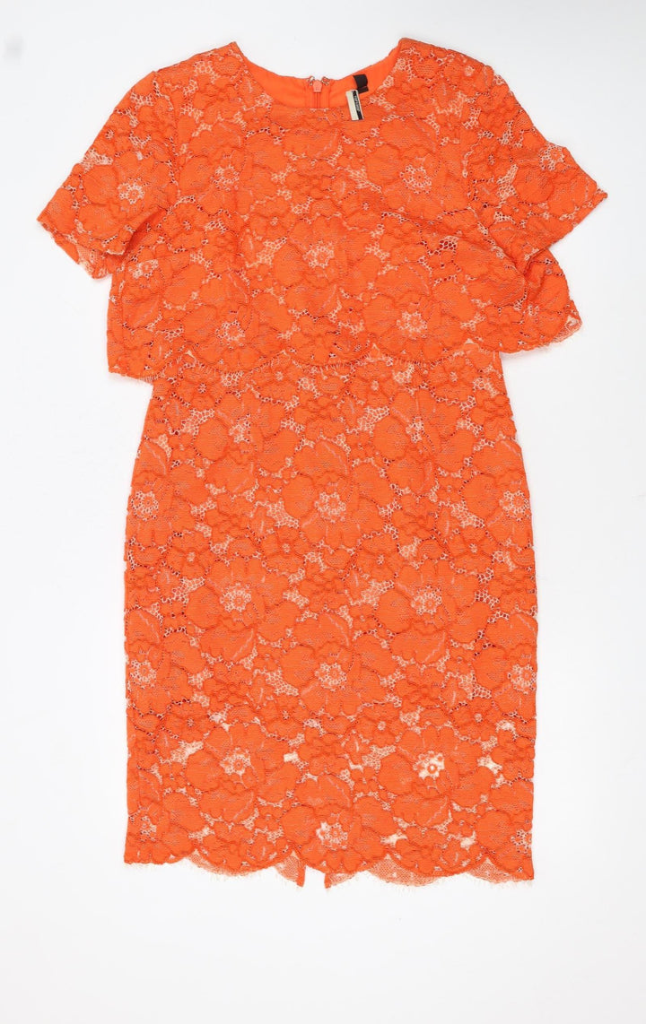 Topshop Women Orange Lace Floral Sheath Dress Size 14