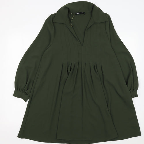 Zara Women Green A-Line Collared Short Dress XS Long Sleeve