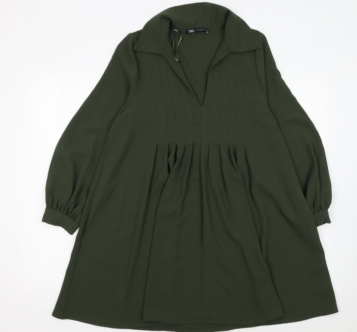 Zara Women Green A-Line Collared Short Dress XS Long Sleeve