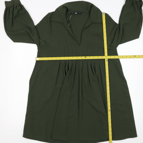Zara Women Green A-Line Collared Short Dress XS Long Sleeve
