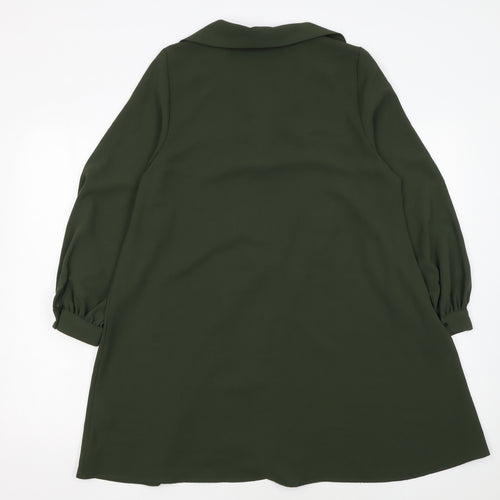 Zara Women Green A-Line Collared Short Dress XS Long Sleeve