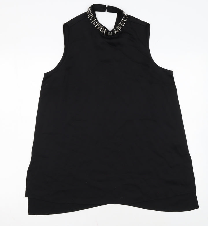Papaya Womens Black Beaded High Neck Sleeveless Tunic Blouse Size 12